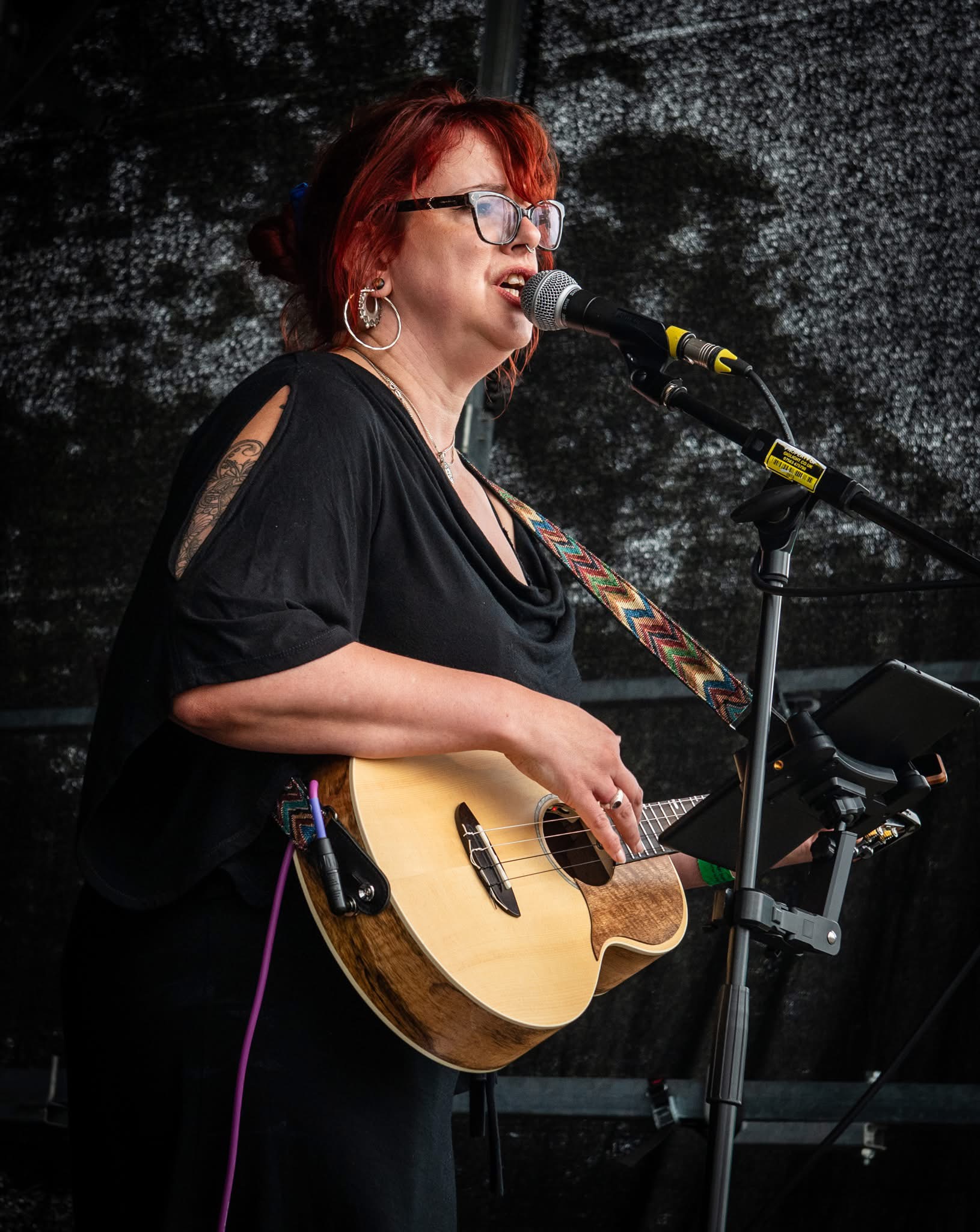 Singer with guitar and microphone at Woo Fest 2025